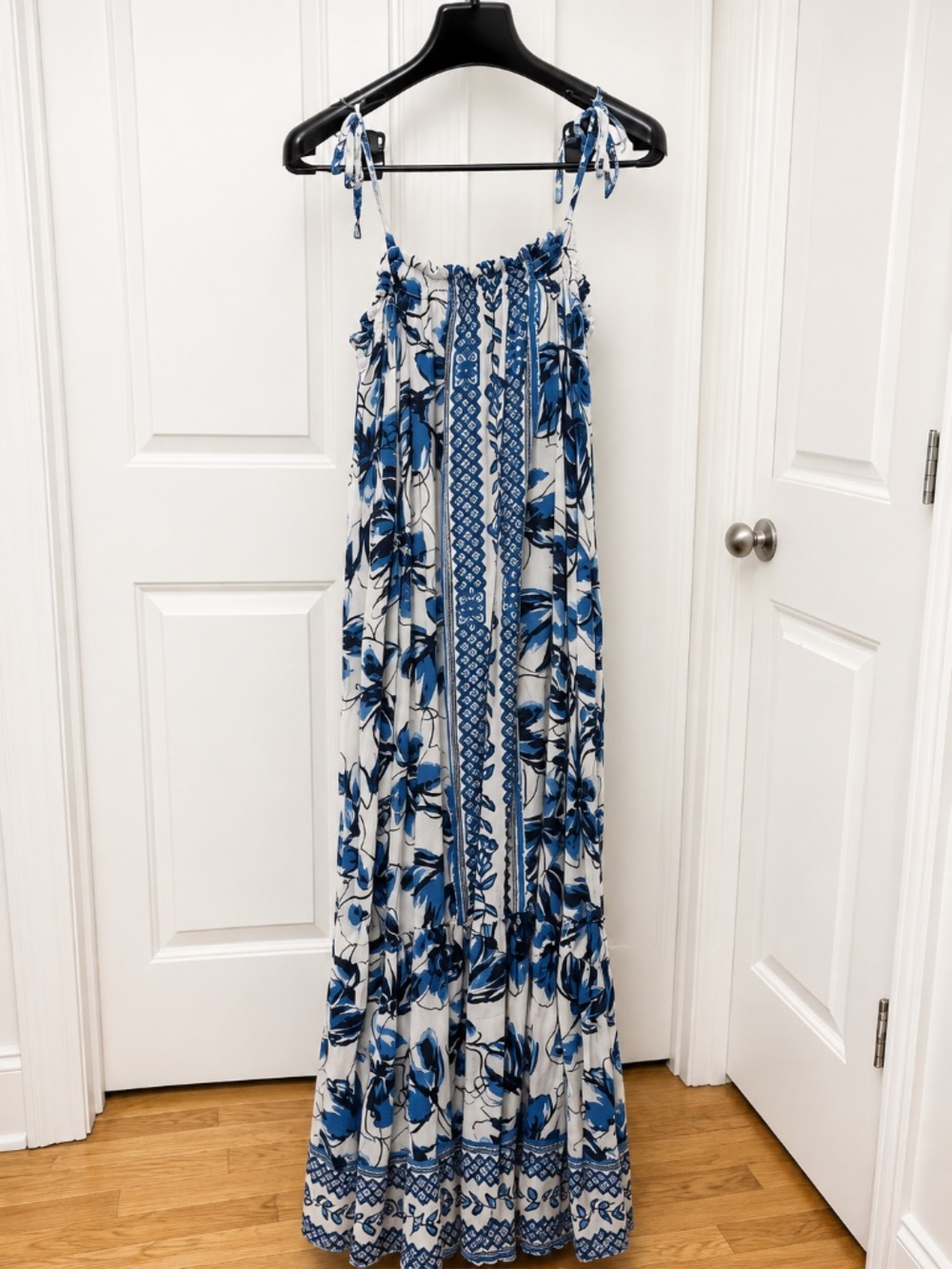 Blue & White Sheer Floral Maxi Swim Cover-Up | One Size